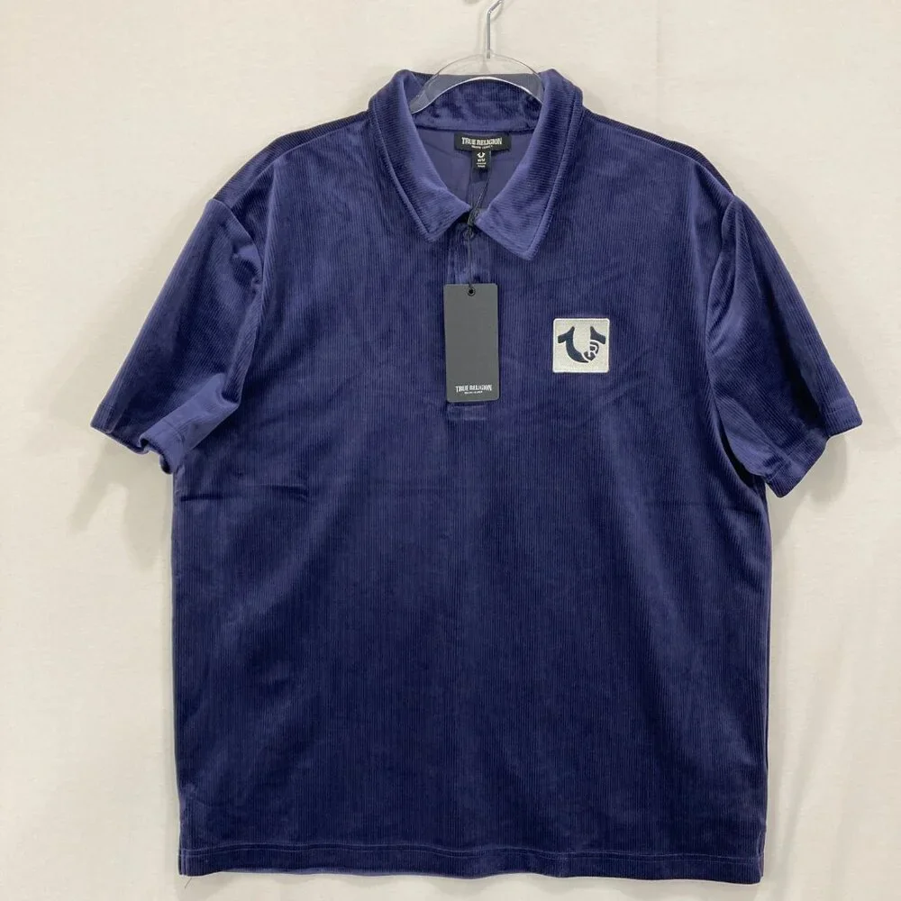New True Religion Men's Velvet Velour Polo Shirt Medium‎ Eclipse Navy Blue
